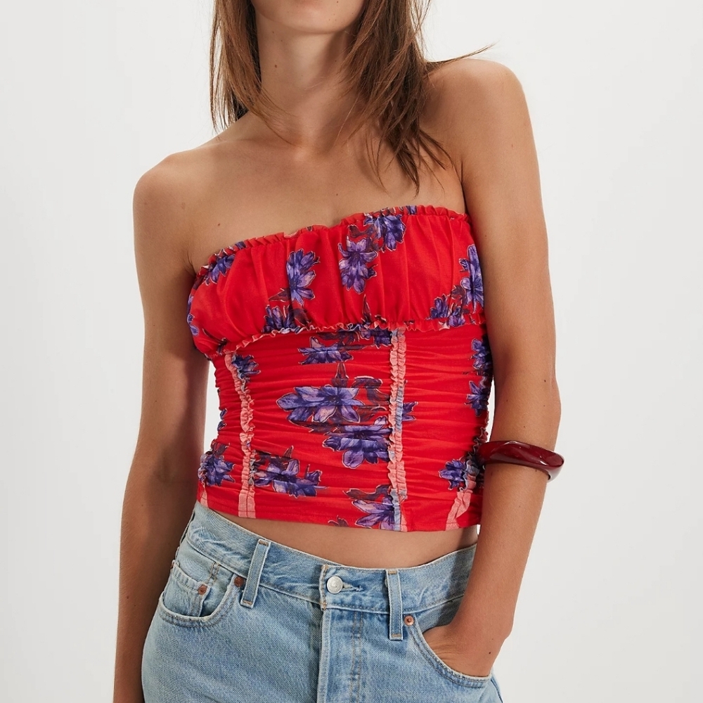 Free People Scottie Printed Tube Top Hot Combo Red Pattern Women's Size Medium